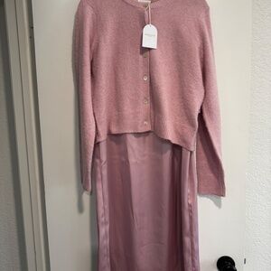 Song of Style Dusty Rose Knit Cardigan & Satin Midi Skirt Set